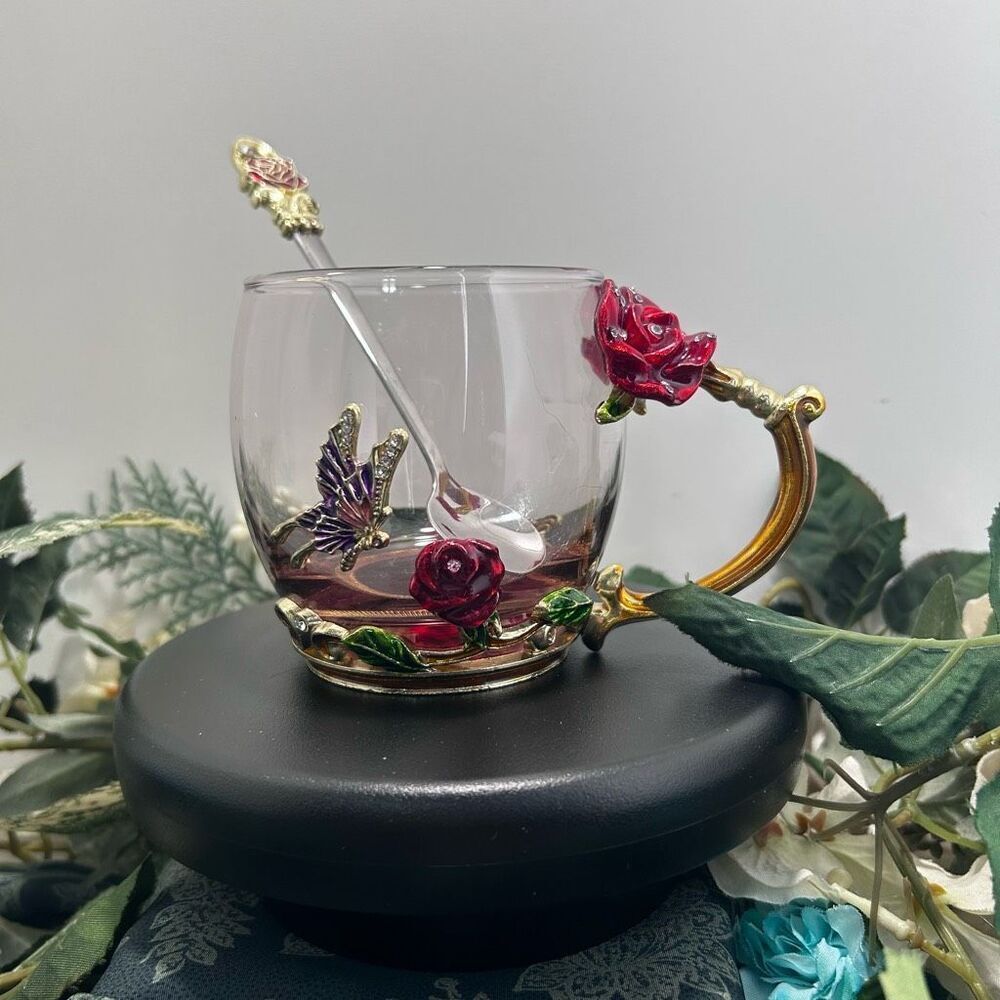 ARC Of France Jeweled Enameled Tea Cup Coffee Mug Clear Glass With Spoon 4" - Picture 5 of 5